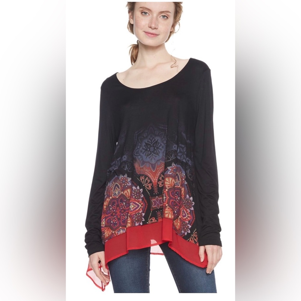 Like new Desigual Black Long Sleeve Olga Tunic with Red & Multi-Color Boho Hem
